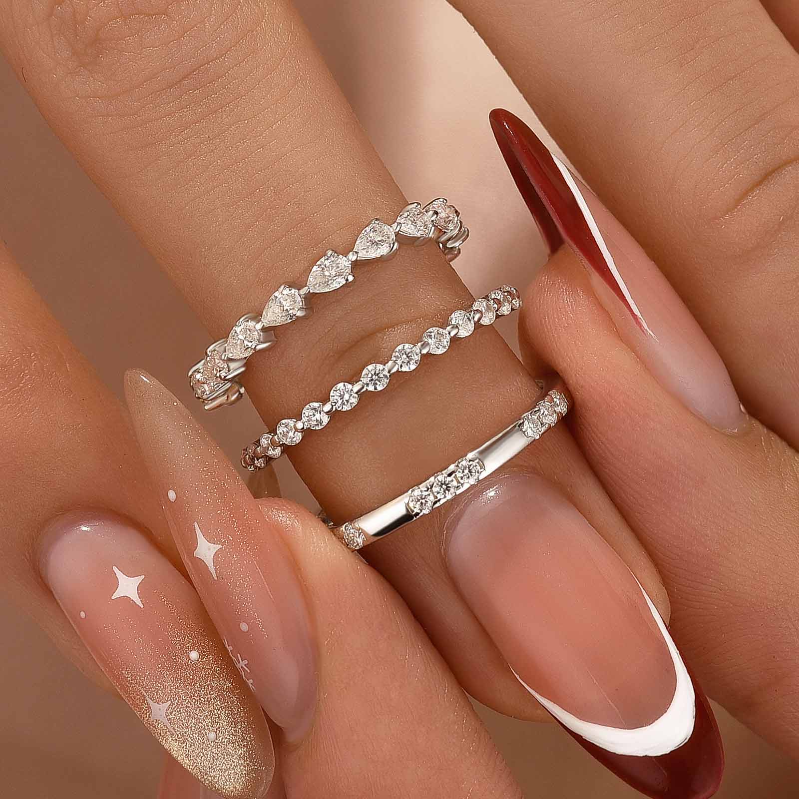 Aurevyn Moissanite 3.3Ct Round Cut & Pear Cut Wedding Band Set For Women In Sterling Silver