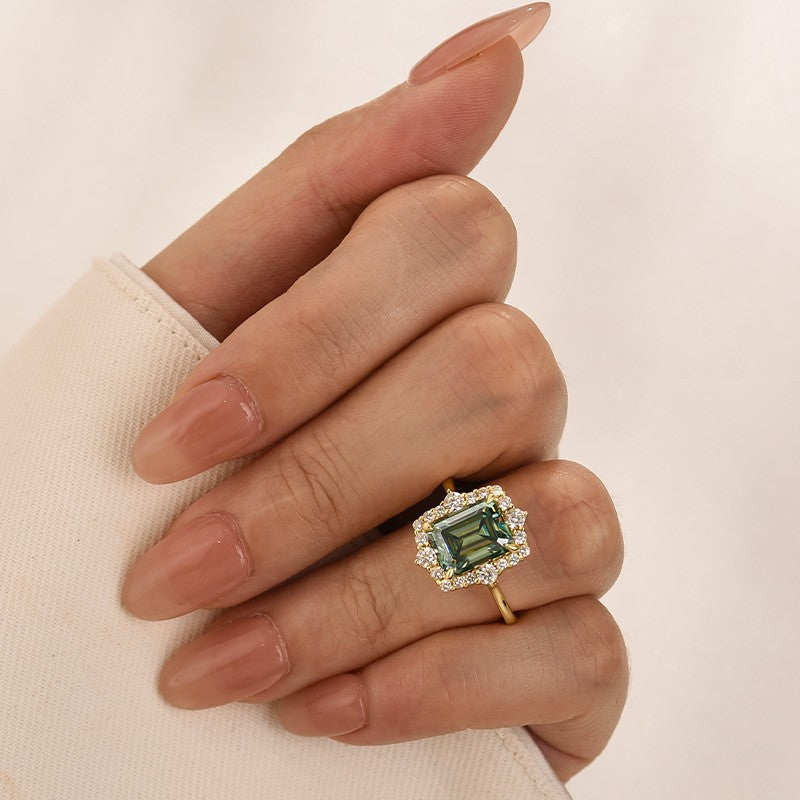 Aurevyn Moissanite 3.0Ct Halo Emerald Stone Emerald Cut Engagement Ring in Sterling Silver