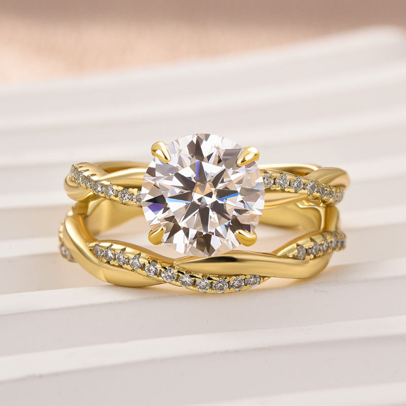 Aurevyn 1.2 Ct/2.0 Ct Twist Yellow Gold Pave Wedding Ring Set