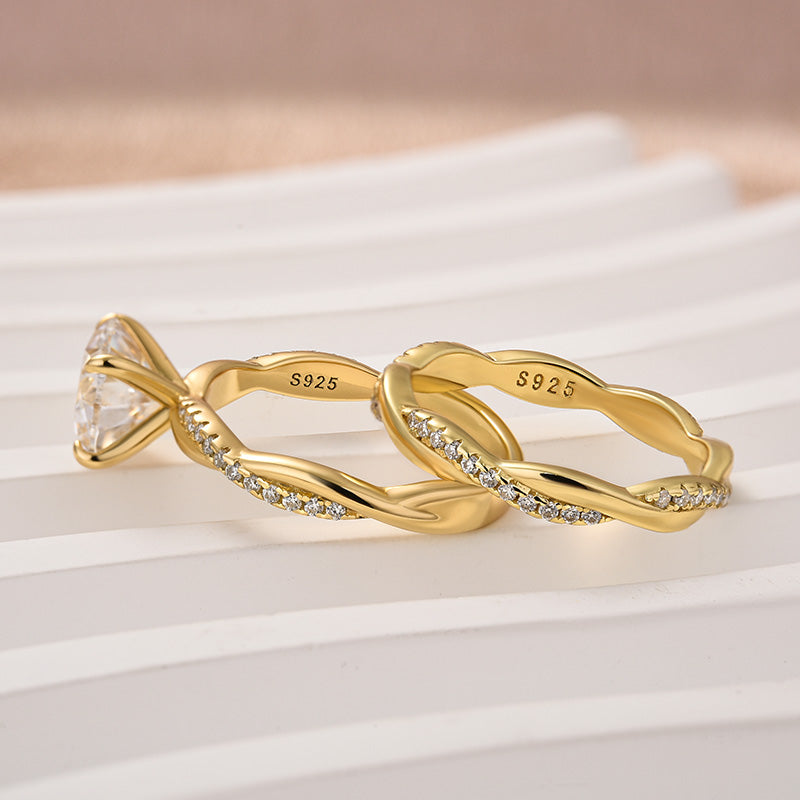 Aurevyn 1.2 Ct/2.0 Ct Twist Yellow Gold Pave Wedding Ring Set