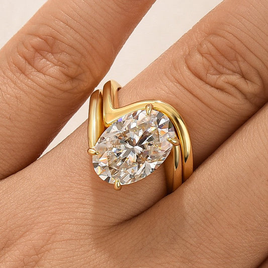 Aurevyn 2PC Moissanite Wedding Sets 5.5Ct Oval Cut Yellow Gold Bypass Engagement Ring with Curved Wedding Band