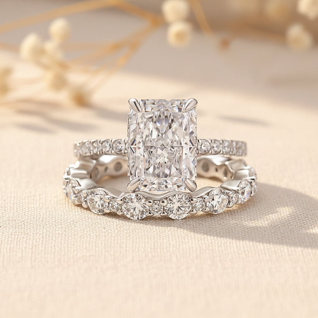 Aurevyn 3.5Ct Radiant Cut Engagement Ring With Round Cut Wedding Band Wedding Ring Set