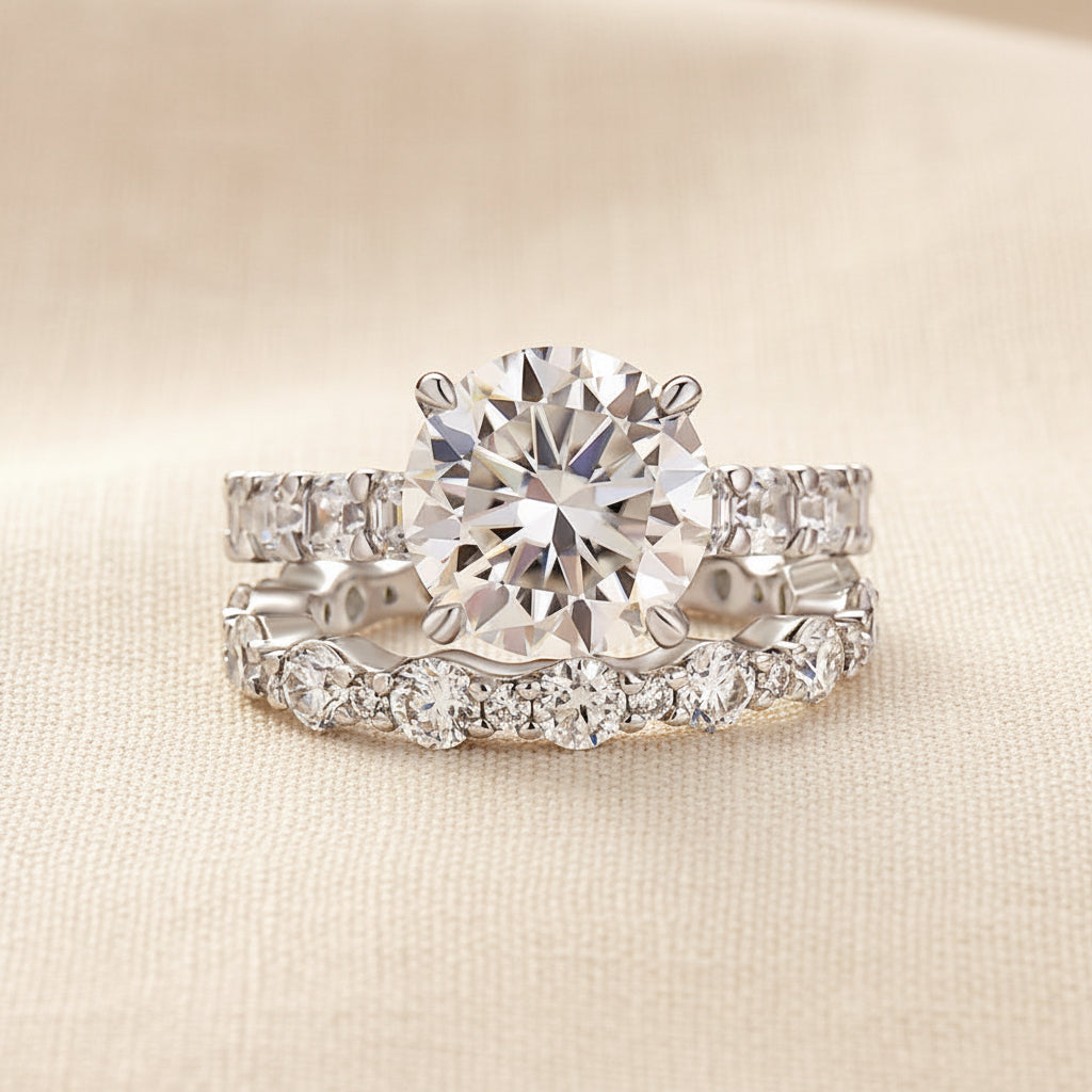 Aurevyn 4.0Ct Round Cut Engagement Ring With Round Cut/Asscher Cut Wedding Band Wedding Ring Set