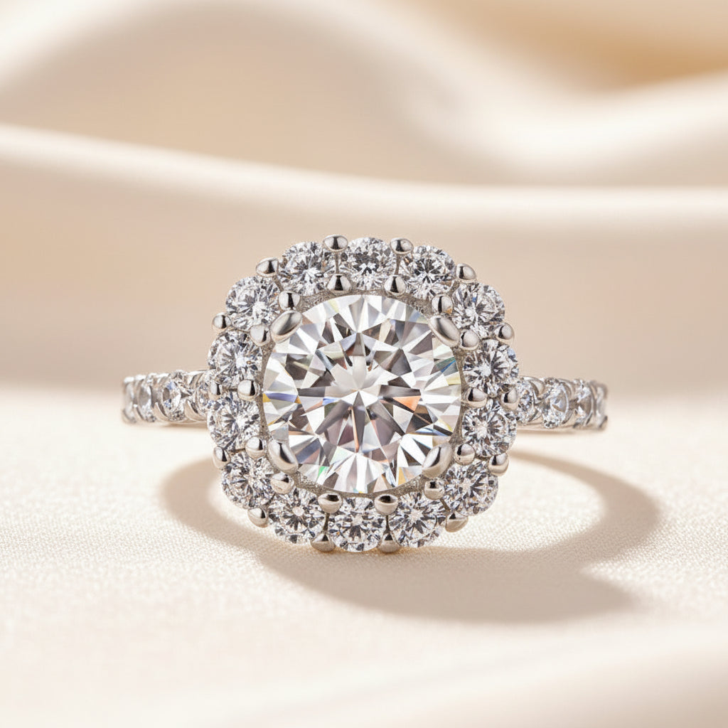 Aurevyn Moissanite 2.0 Ct Halo Round Cut White Gold Engagement Ring