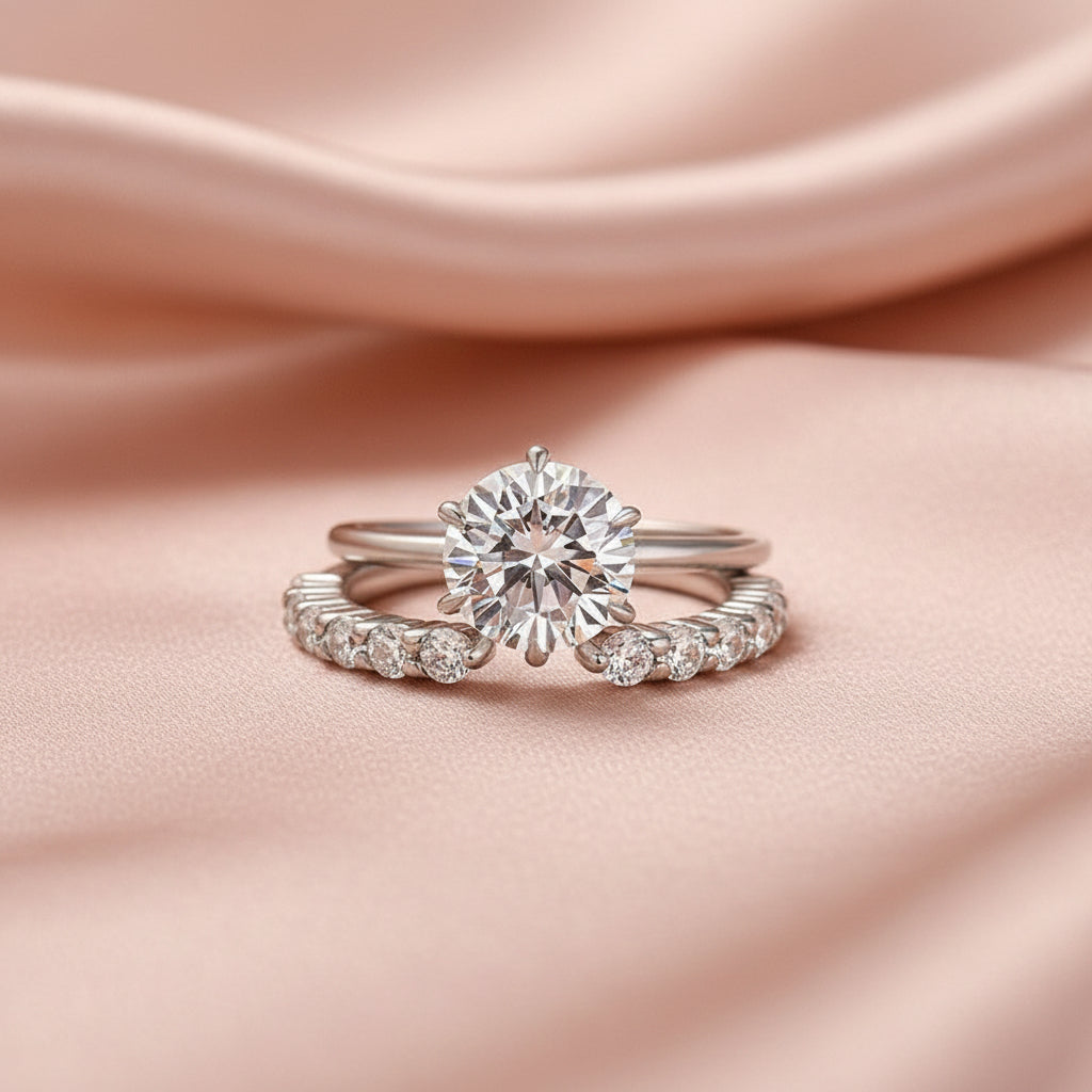 Aurevyn Moissanite 3.0Ct Round Cut 6 Prong White Gold Wedding Ring with Open Wedding Band