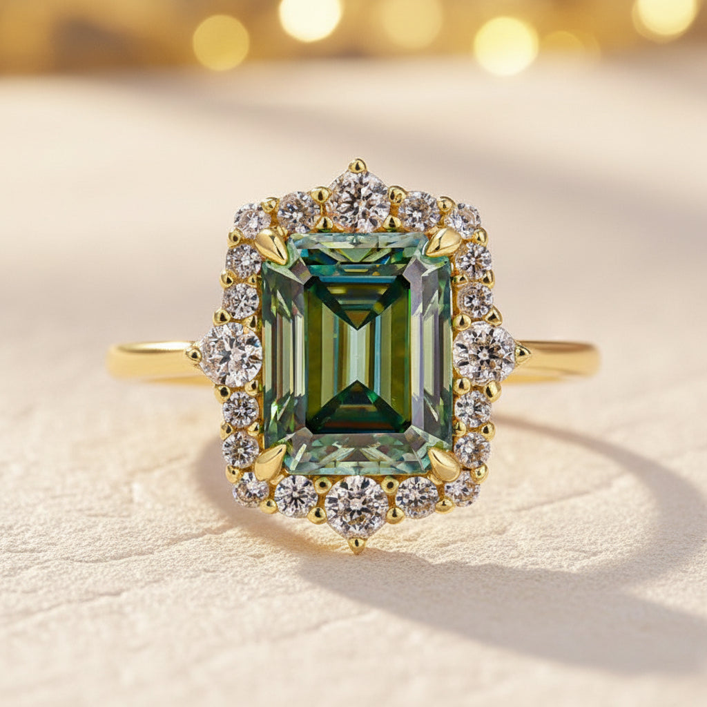 Aurevyn Moissanite 3.0Ct Halo Emerald Stone Emerald Cut Engagement Ring in Sterling Silver