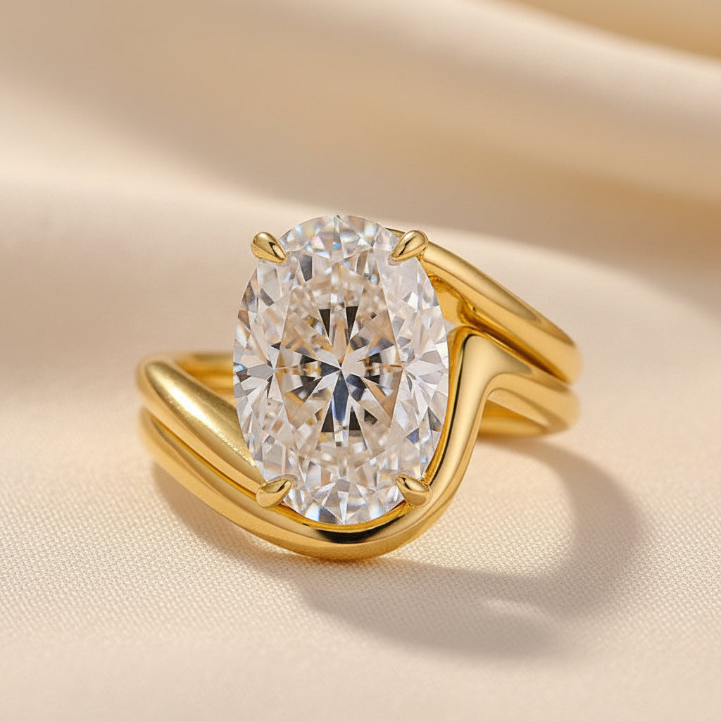 Aurevyn 2PC Moissanite Wedding Sets 5.5Ct Oval Cut Yellow Gold Bypass Engagement Ring with Curved Wedding Band