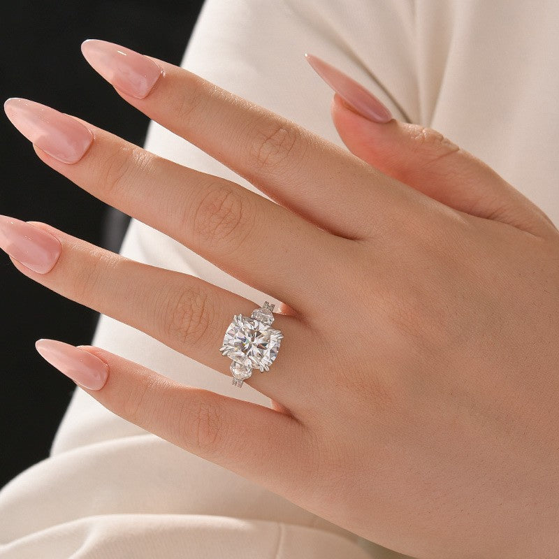 Aurevyn Moissanite 6.0Ct Cushion Cut Three Stone Engagement Ring In Sterling Silver