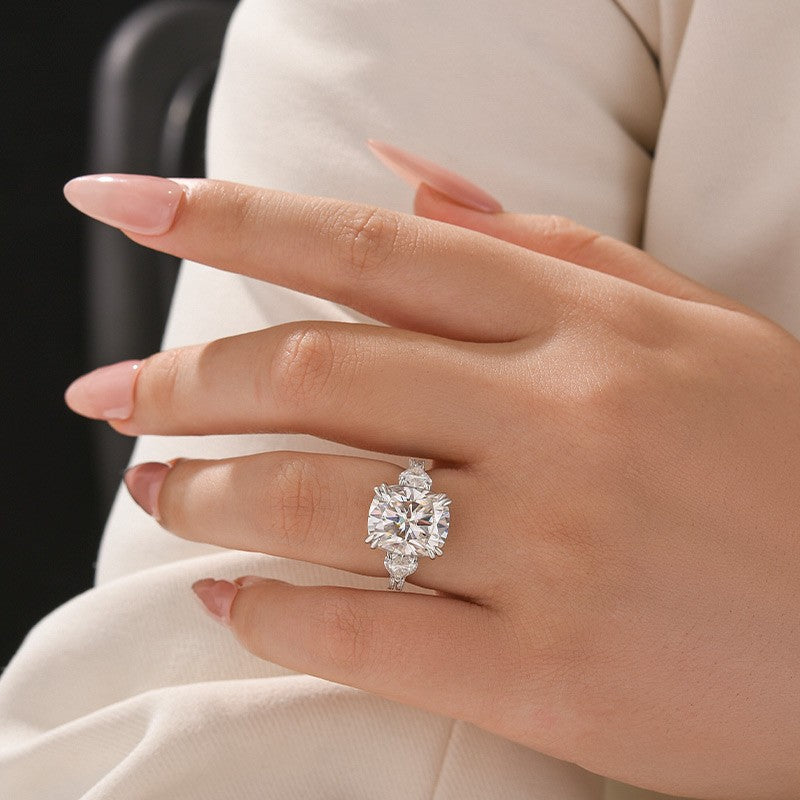 Aurevyn Moissanite 6.0Ct Cushion Cut Three Stone Engagement Ring In Sterling Silver