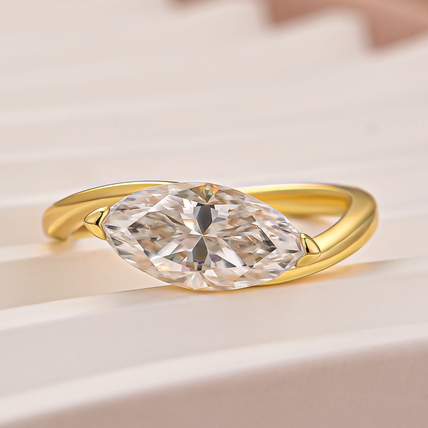 Aurevyn Moissanite 2.0Ct Yellow Gold East-West Marquise Cut Curve Band Engagement Ring