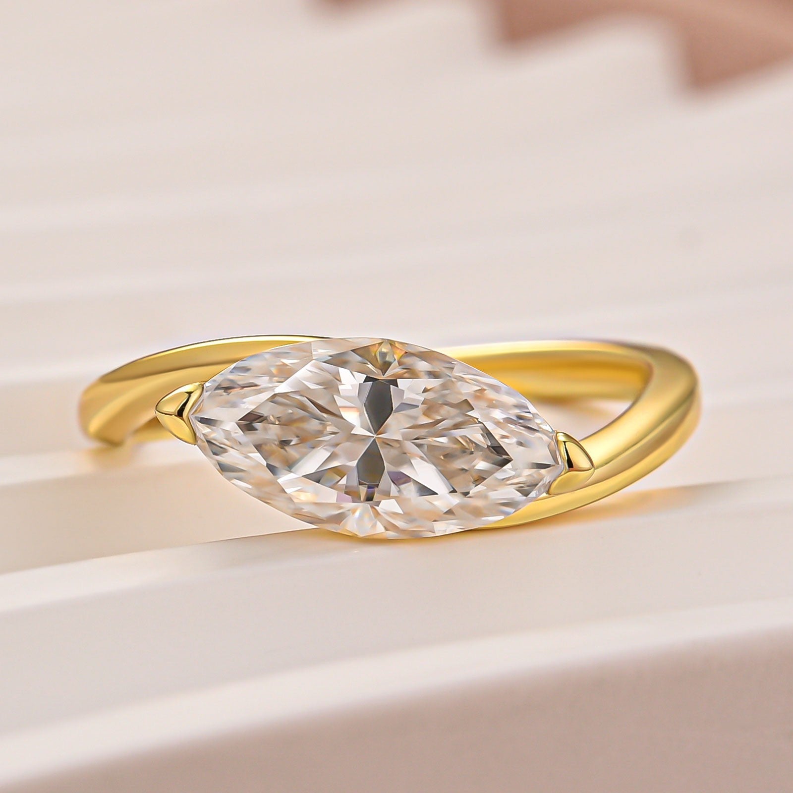 Aurevyn Moissanite 2.0Ct Yellow Gold East-West Marquise Cut Curve Band Engagement Ring