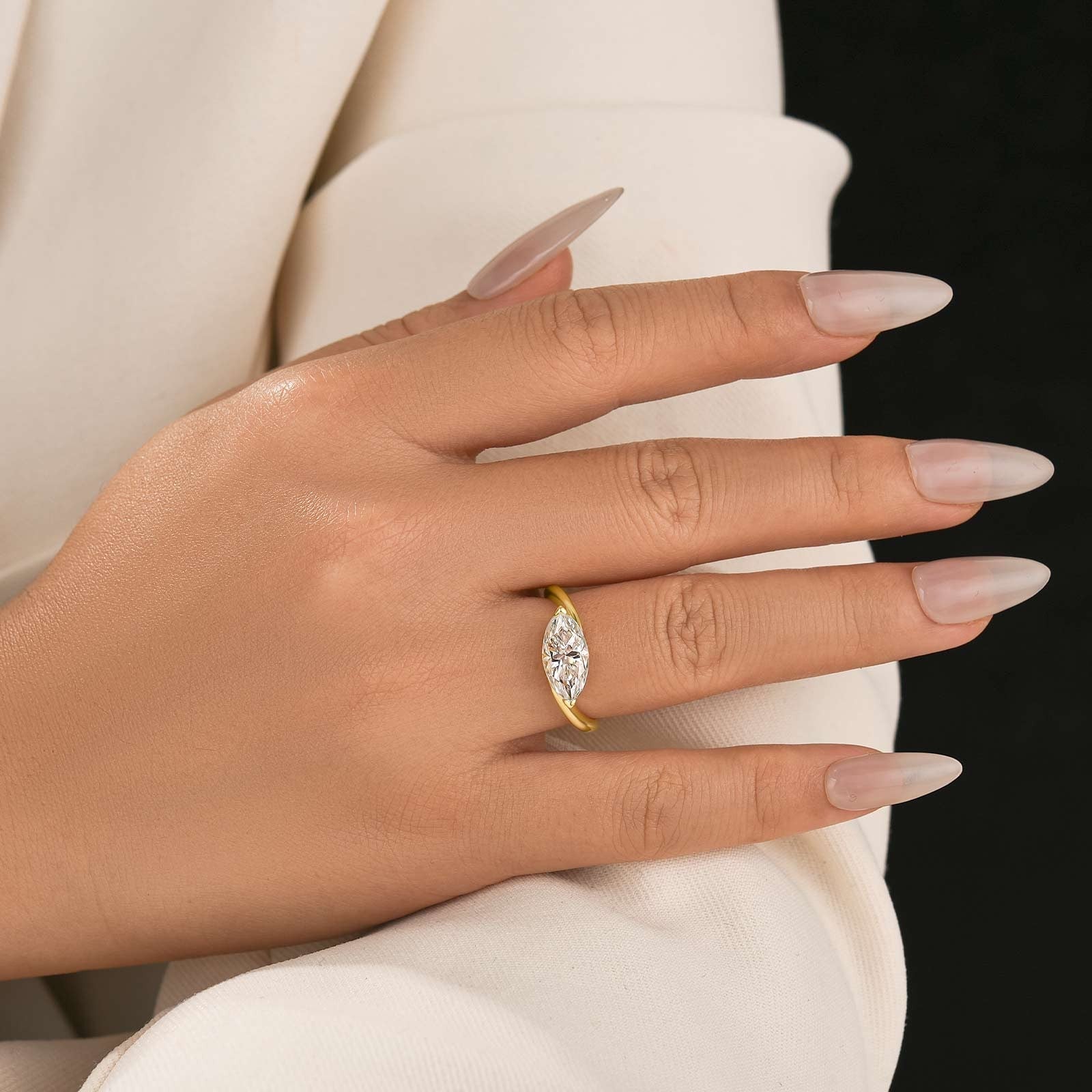 Aurevyn Moissanite 2.0Ct Yellow Gold East-West Marquise Cut Curve Band Engagement Ring