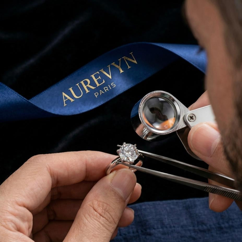 Person examining a diamond ring with tweezers against an Aurevyn Paris background