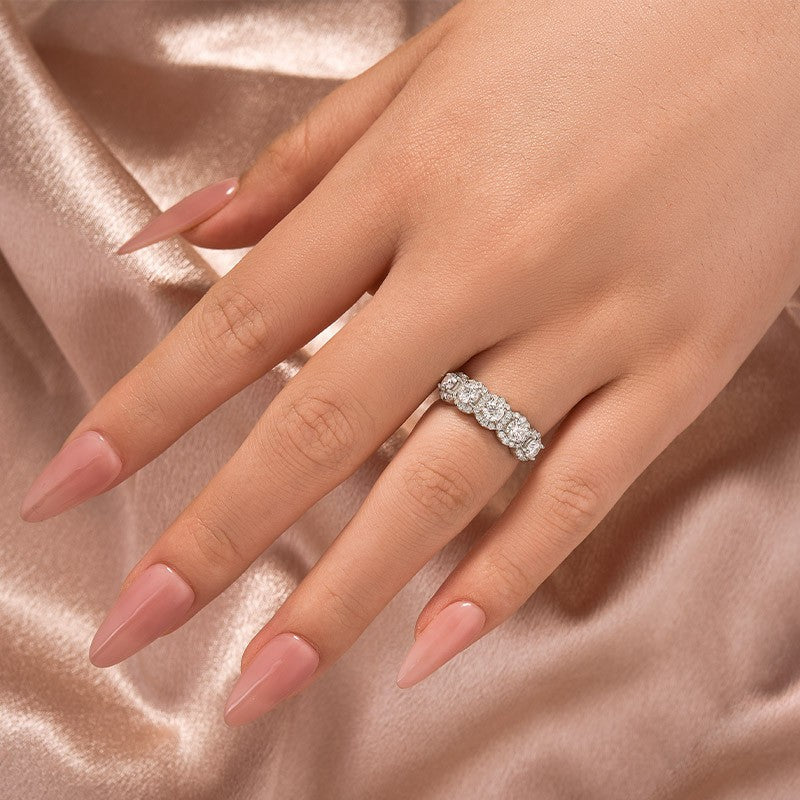 Aurevyn 1.3Ct Round Cut Moissanite Five Stone Wedding Band Halo Design in Sterling Silver