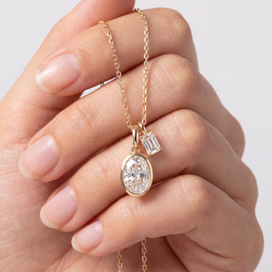 14K Solid Gold Oval Lab Diamond Bezel Pendant Necklace, Bezel Set Diamond Charm, Minimalist Gold Pendant, Universal Bail Jewelry Gift