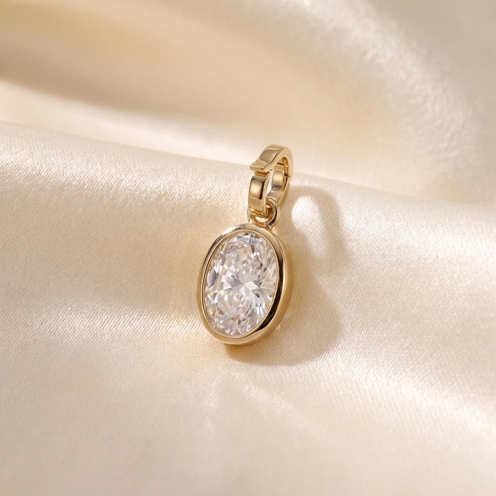 14K Solid Gold Oval Lab Diamond Bezel Pendant Necklace, Bezel Set Diamond Charm, Minimalist Gold Pendant, Universal Bail Jewelry Gift