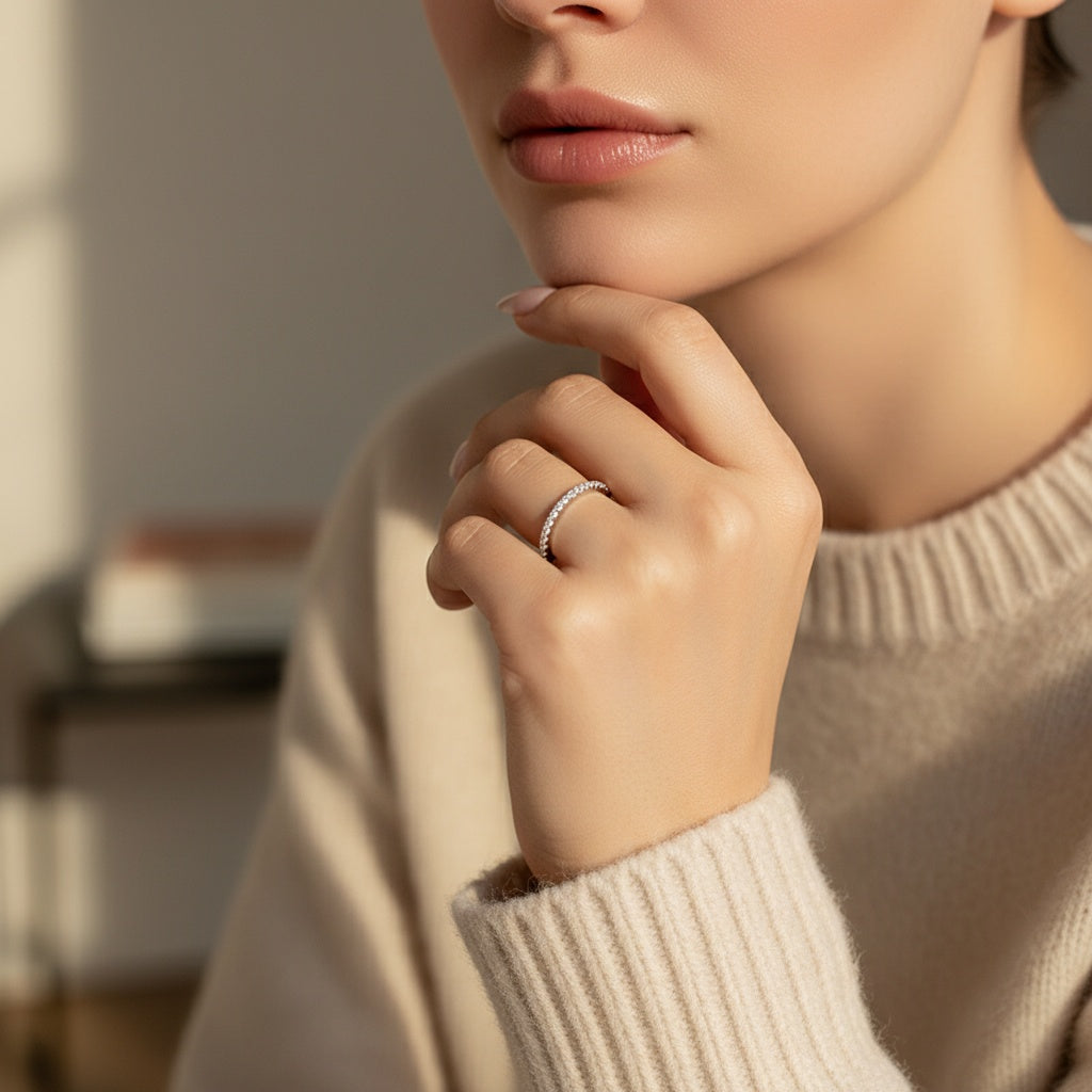 Aurevyn 0.5 Ct Round Cut Half Halo White Gold Anniversary Ring