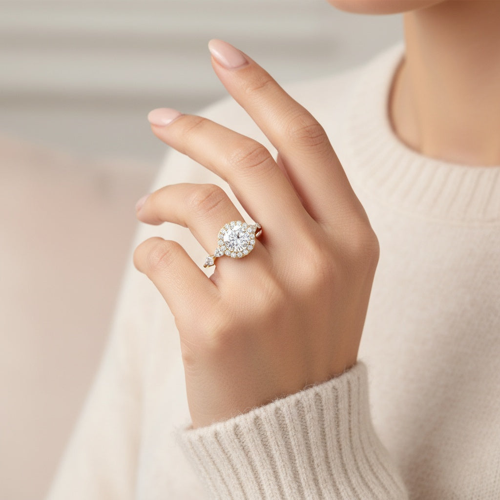 Aurevyn 1.0 Ct Halo Round Cut Yellow Gold Promise Ring