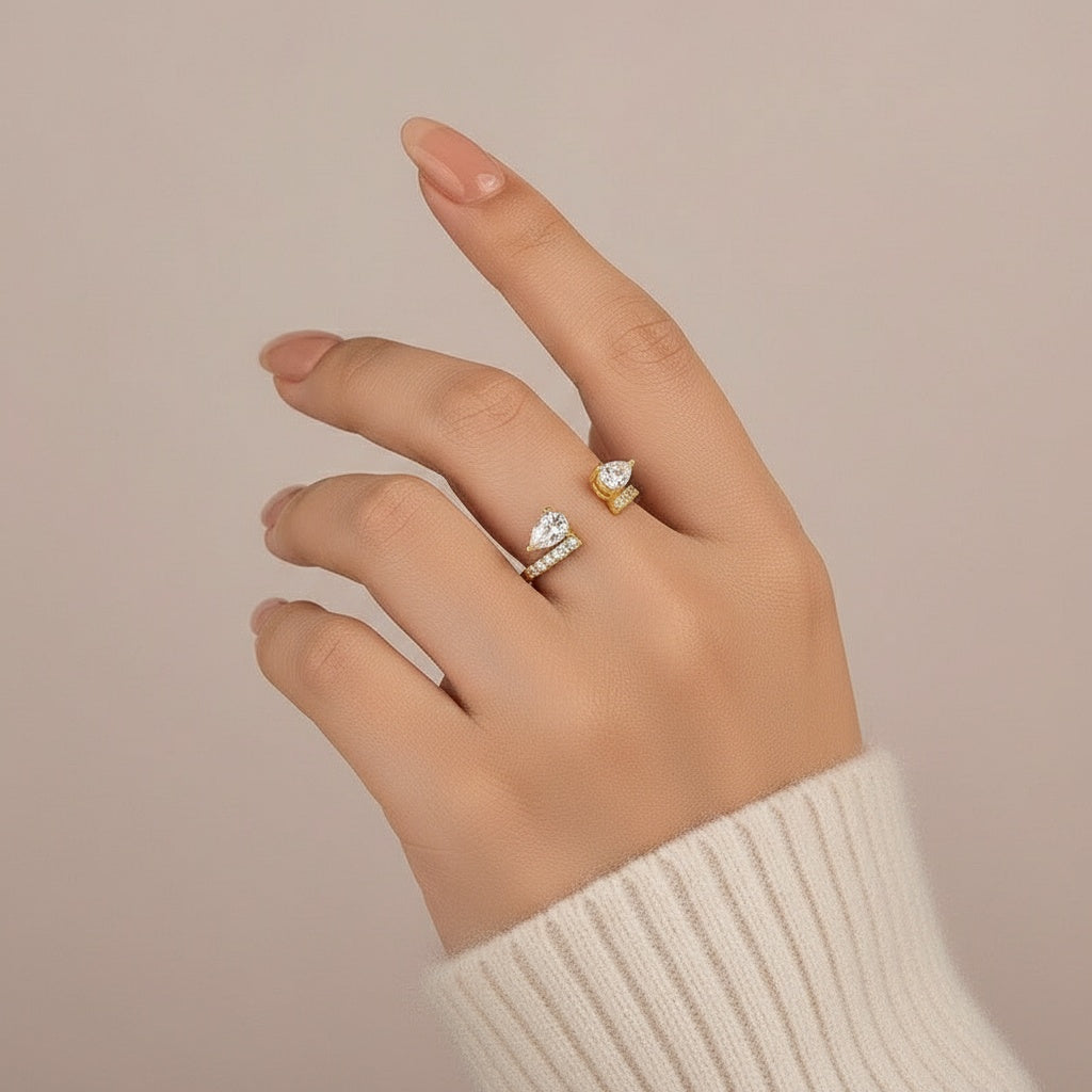 Aurevyn 1.0Ct Pear Cut Yellow Gold Open Wedding Band In Sterling Silver