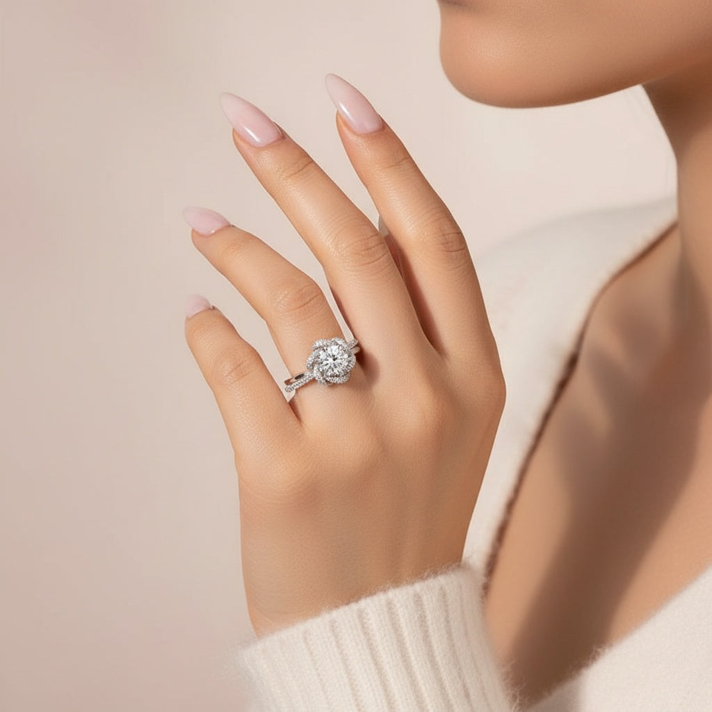 Aurevyn 1.0Ct Round Cut Twist Flower Design Engagement Ring