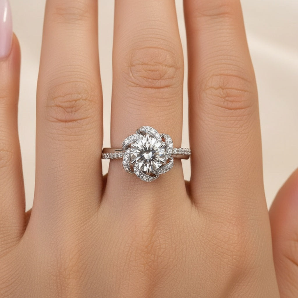 Aurevyn 1.0Ct Round Cut Twist Flower Design Engagement Ring