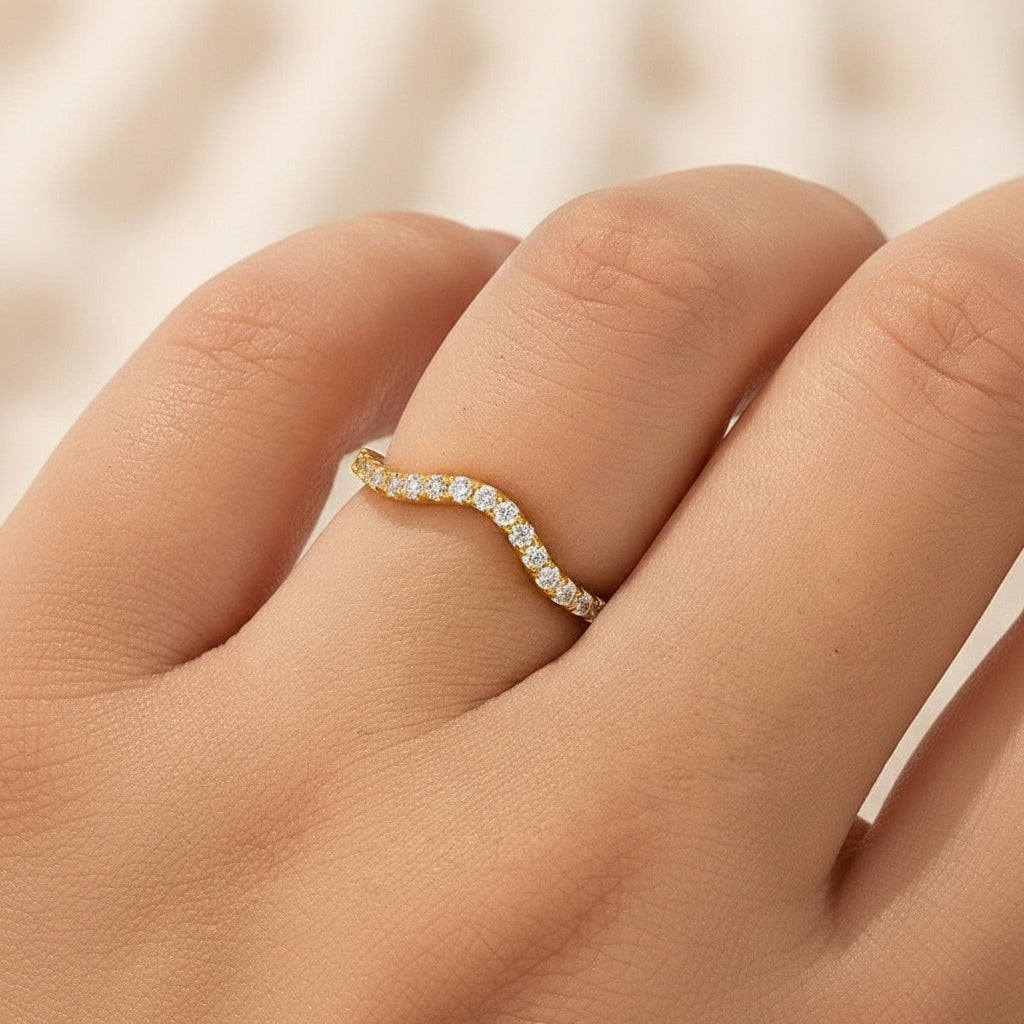 Aurevyn 1.0Ct Round Cut Yellow Gold Curve Wedding Band In Sterling Silver