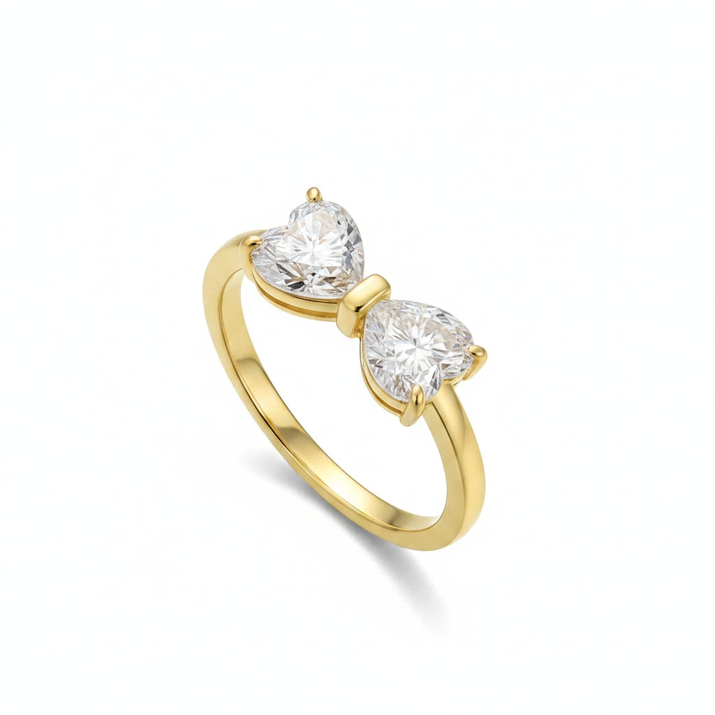 Aurevyn 1.0Ct*2 Heart Cut Toi et Moi Yellow Gold Moissanite Engagement Ring in S925 Sterling Silver