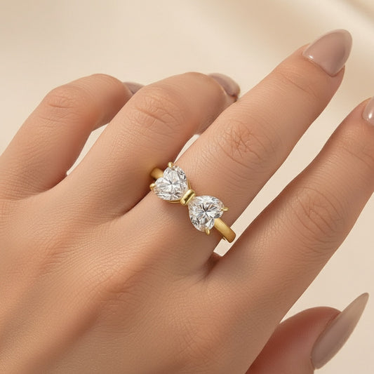Aurevyn 1.0Ct*2 Heart Cut Toi et Moi Yellow Gold Moissanite Engagement Ring in S925 Sterling Silver