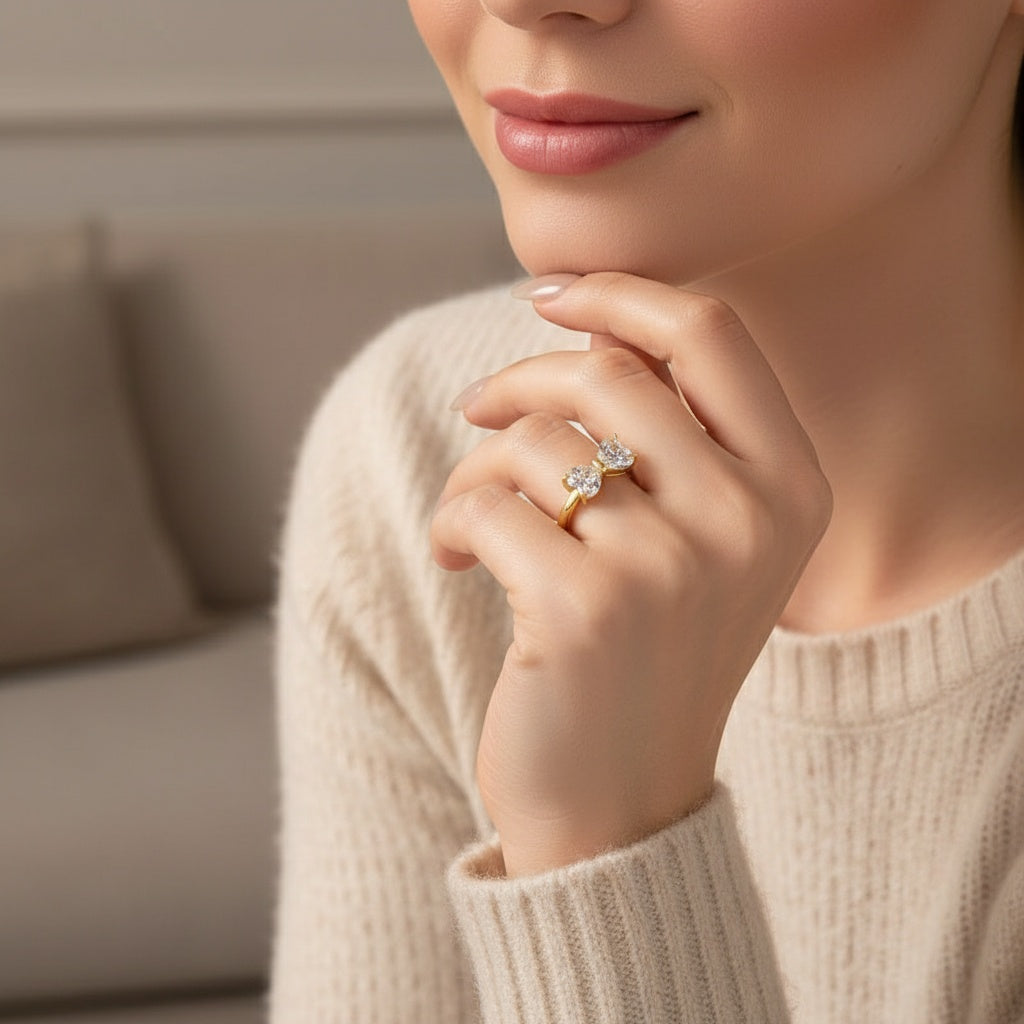 Aurevyn 1.0Ct*2 Heart Cut Toi et Moi Yellow Gold Moissanite Engagement Ring in S925 Sterling Silver