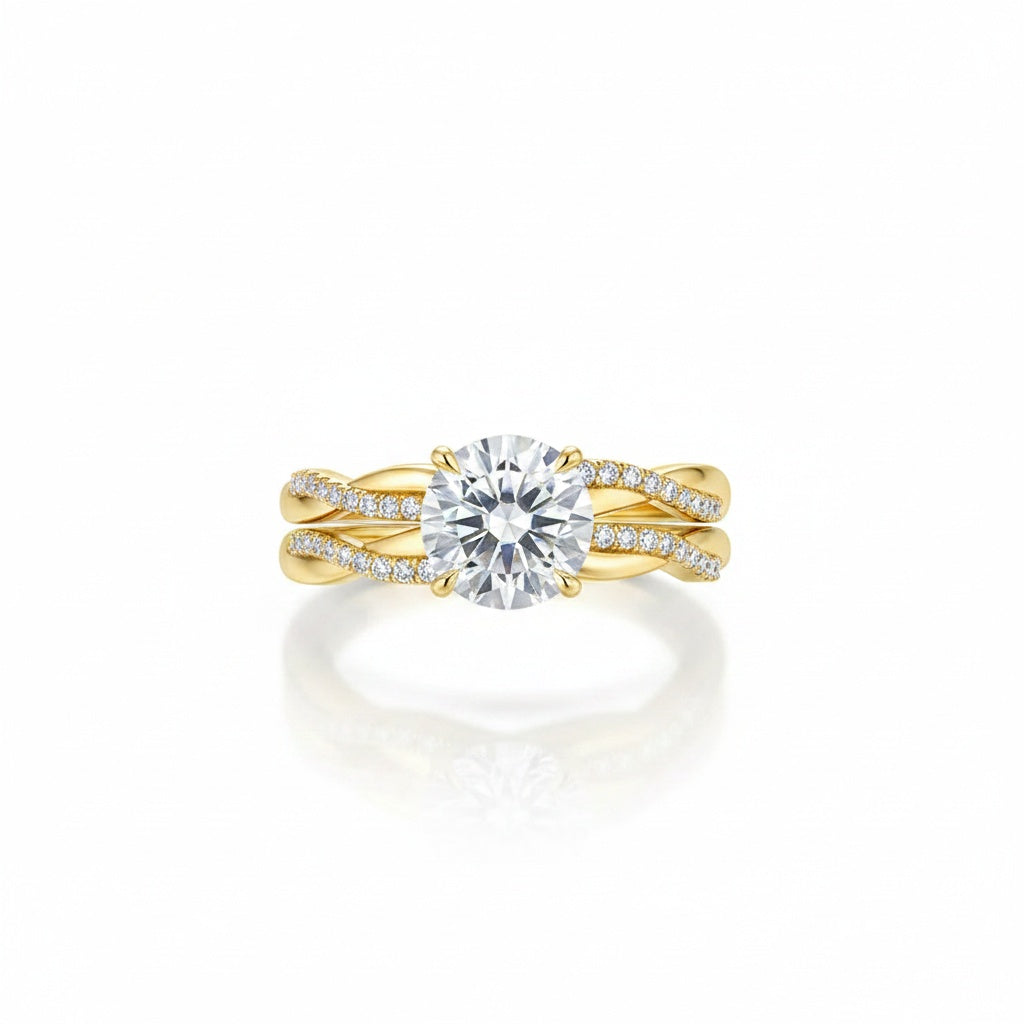 Aurevyn 1.2 Ct/2.0 Ct Twist Yellow Gold Pave Wedding Ring Set