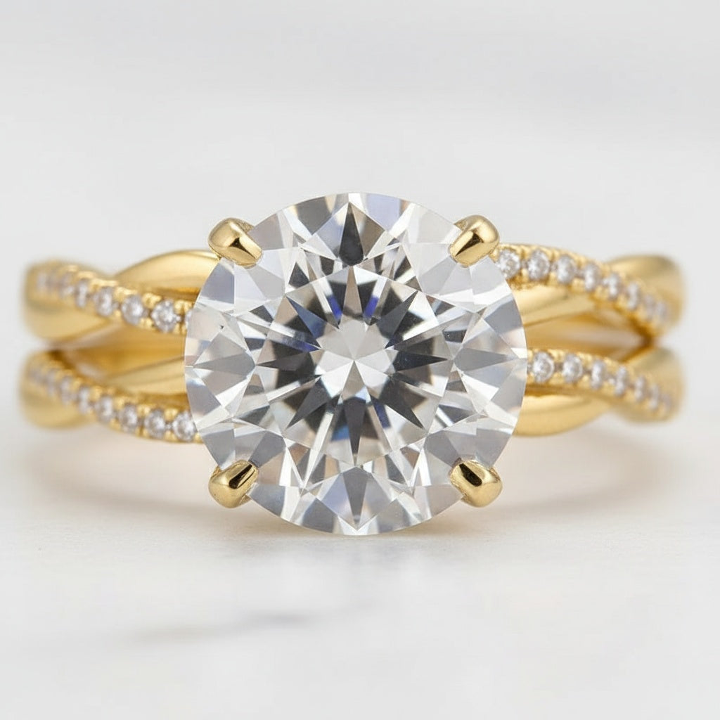Aurevyn 1.2 Ct/2.0 Ct Twist Yellow Gold Pave Wedding Ring Set