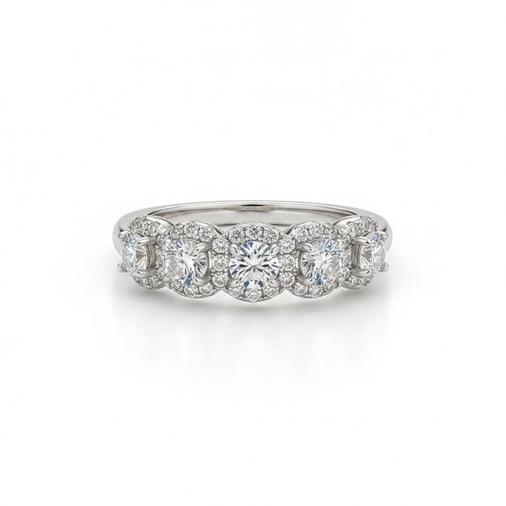 Aurevyn 1.3Ct Round Cut Moissanite Five Stone Wedding Band Halo Design in Sterling Silver