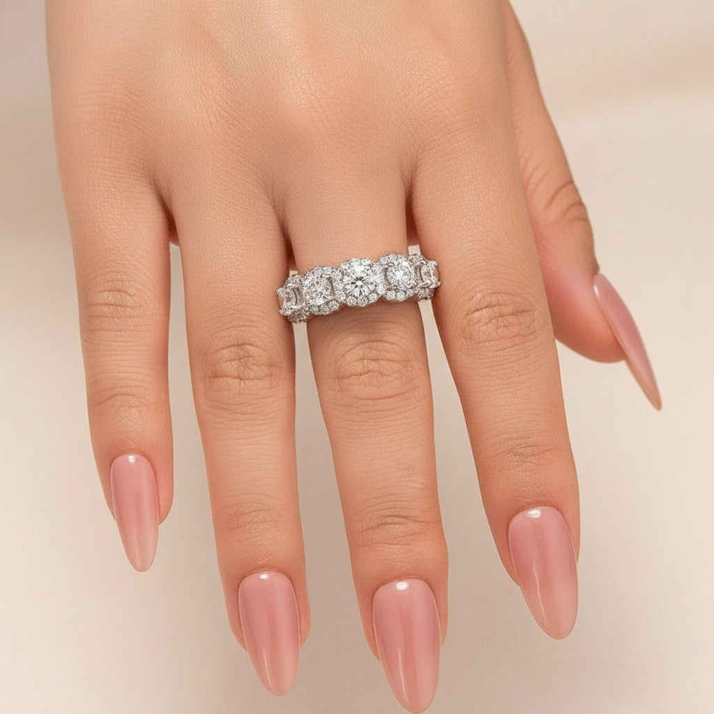 Aurevyn 1.3Ct Round Cut Moissanite Five Stone Wedding Band Halo Design in Sterling Silver