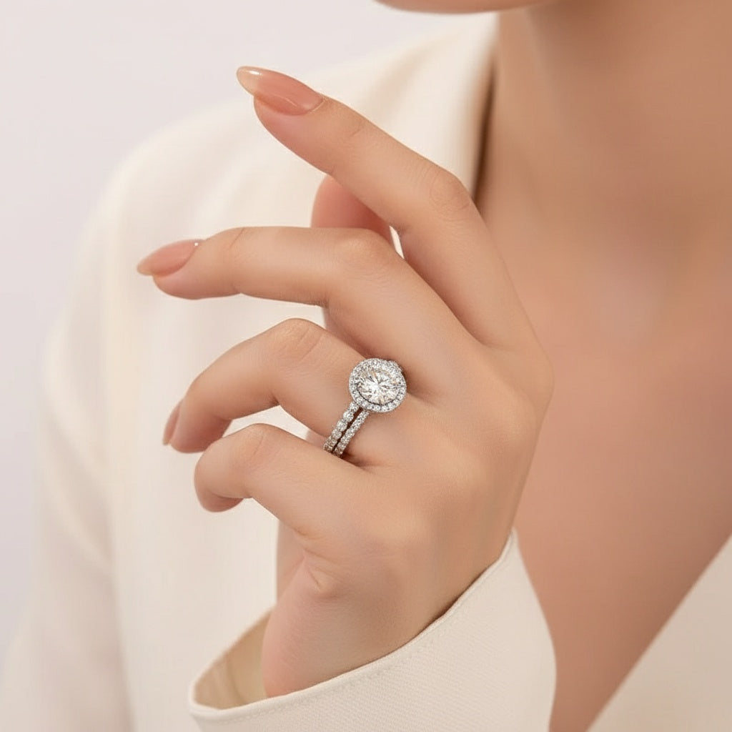 Aurevyn 2.0 Ct Halo Round Cut White Gold Wedding Ring with Oval Cut Wedding Band