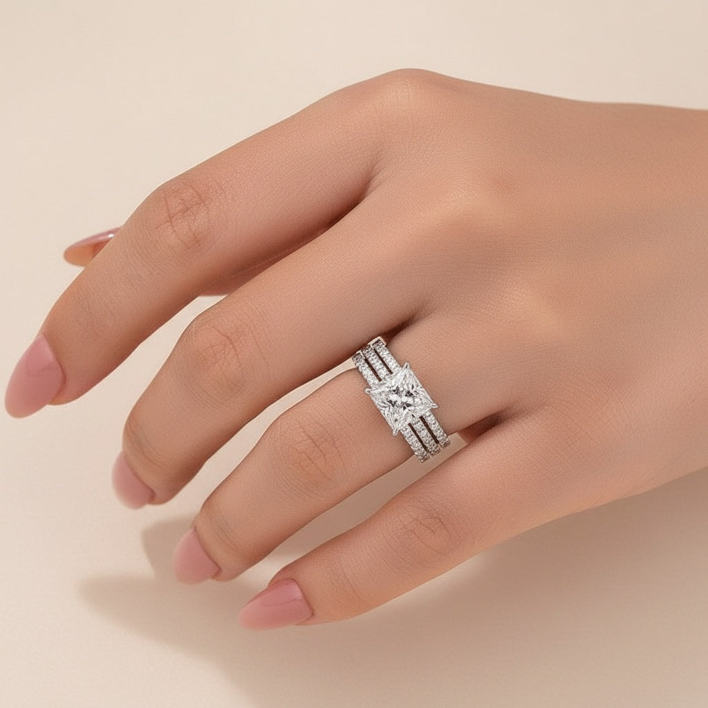 Aurevyn 2.0 Ct Princess Cut Pavé White Gold Moissanite Diamond Wedding Ring