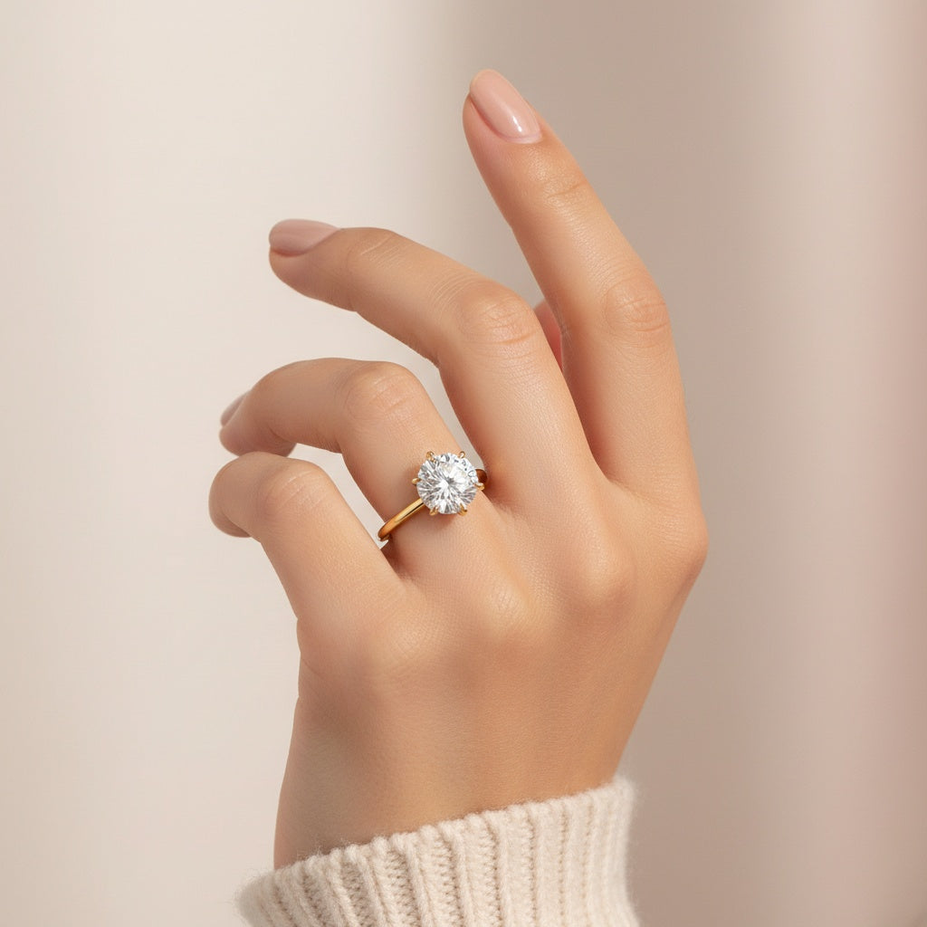 Aurevyn 2.0 Ct Round Cut 6 Prong Yellow Gold Engagement Ring