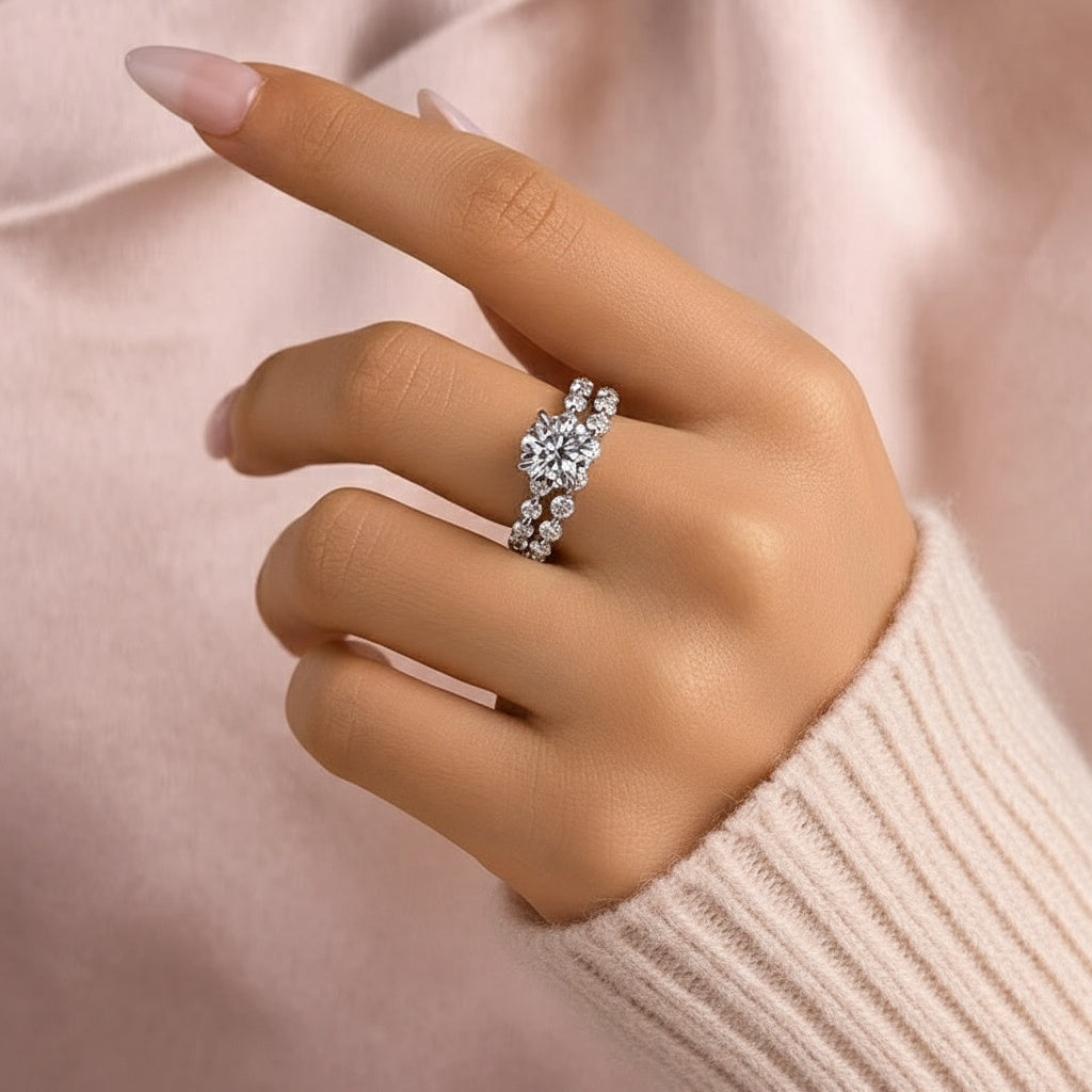Aurevyn 2.0 Ct Round Cut White Gold Wedding Ring Set With Eternity Wedding Band