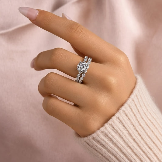 Aurevyn 2.0 Ct Round Cut White Gold Wedding Ring Set With Eternity Wedding Band