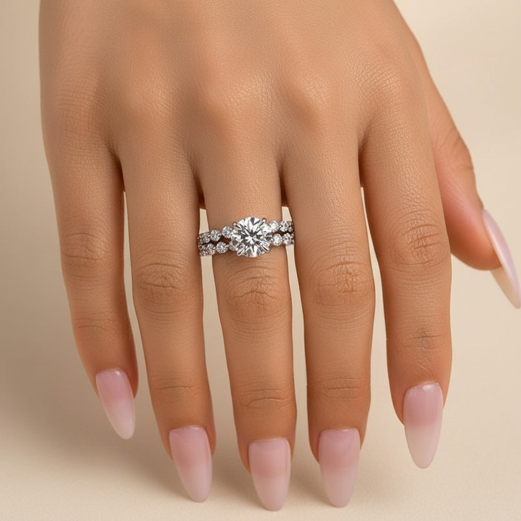 Aurevyn 2.0 Ct Round Cut White Gold Wedding Ring Set With Eternity Wedding Band