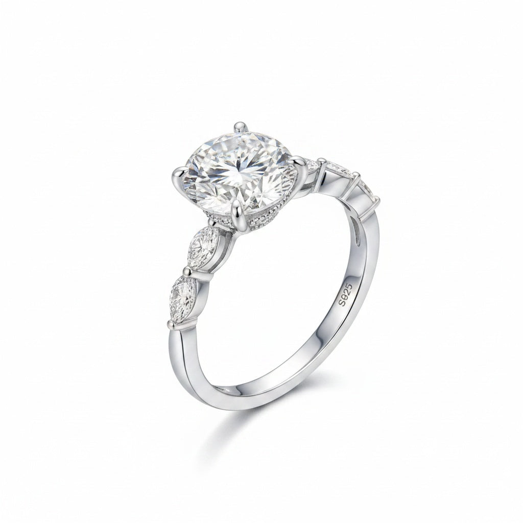 Aurevyn 2.0 Ct Round Cut with Marquise Side Stones Hidden Halo Engagement Ring