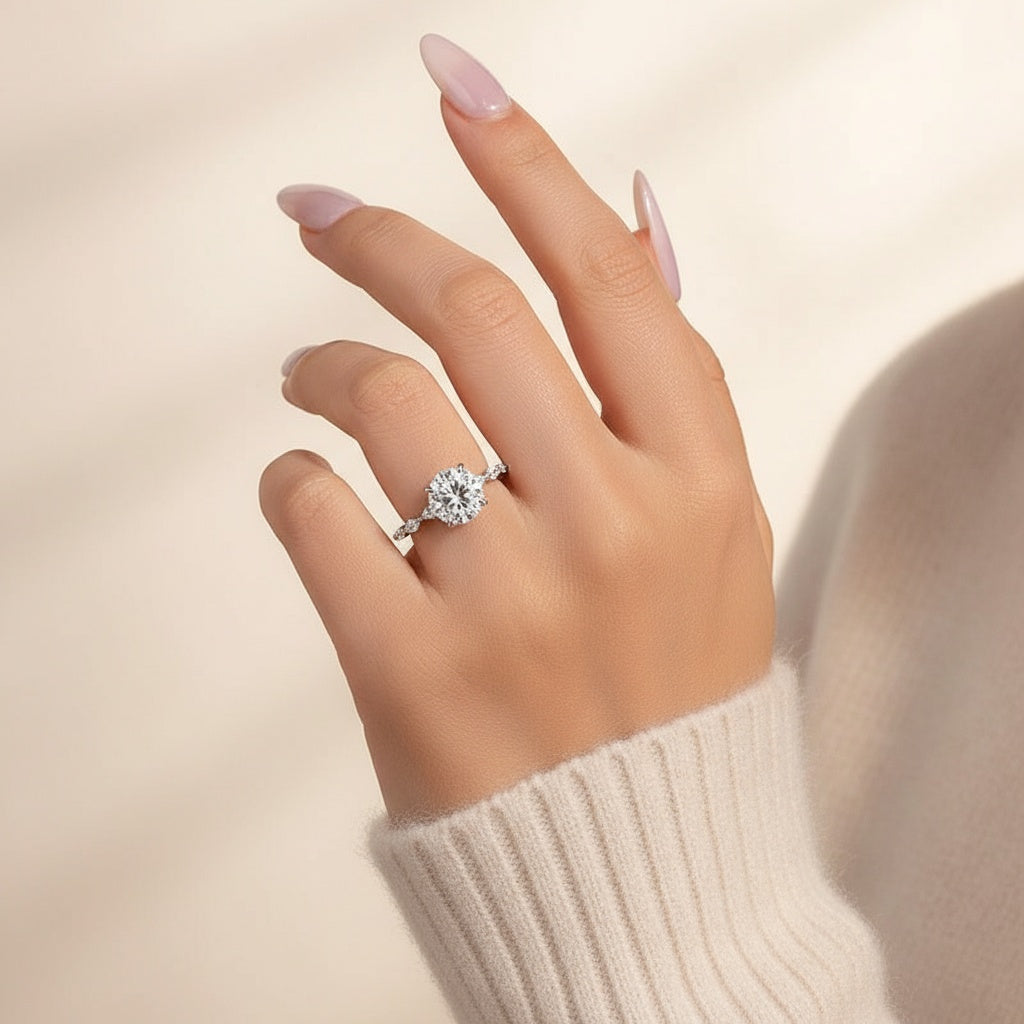 Aurevyn 2.0 Ct Round Cut with Marquise Side Stones Hidden Halo Engagement Ring