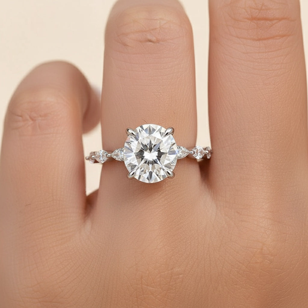 Aurevyn 2.0 Ct Round Cut with Marquise Side Stones Hidden Halo Engagement Ring