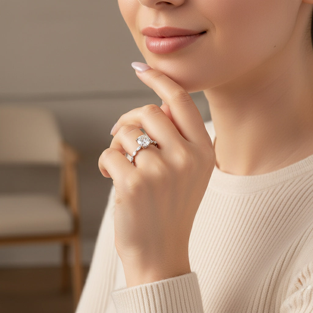 Aurevyn 2.0 Ct Round Cut with Marquise Side Stones Hidden Halo Engagement Ring