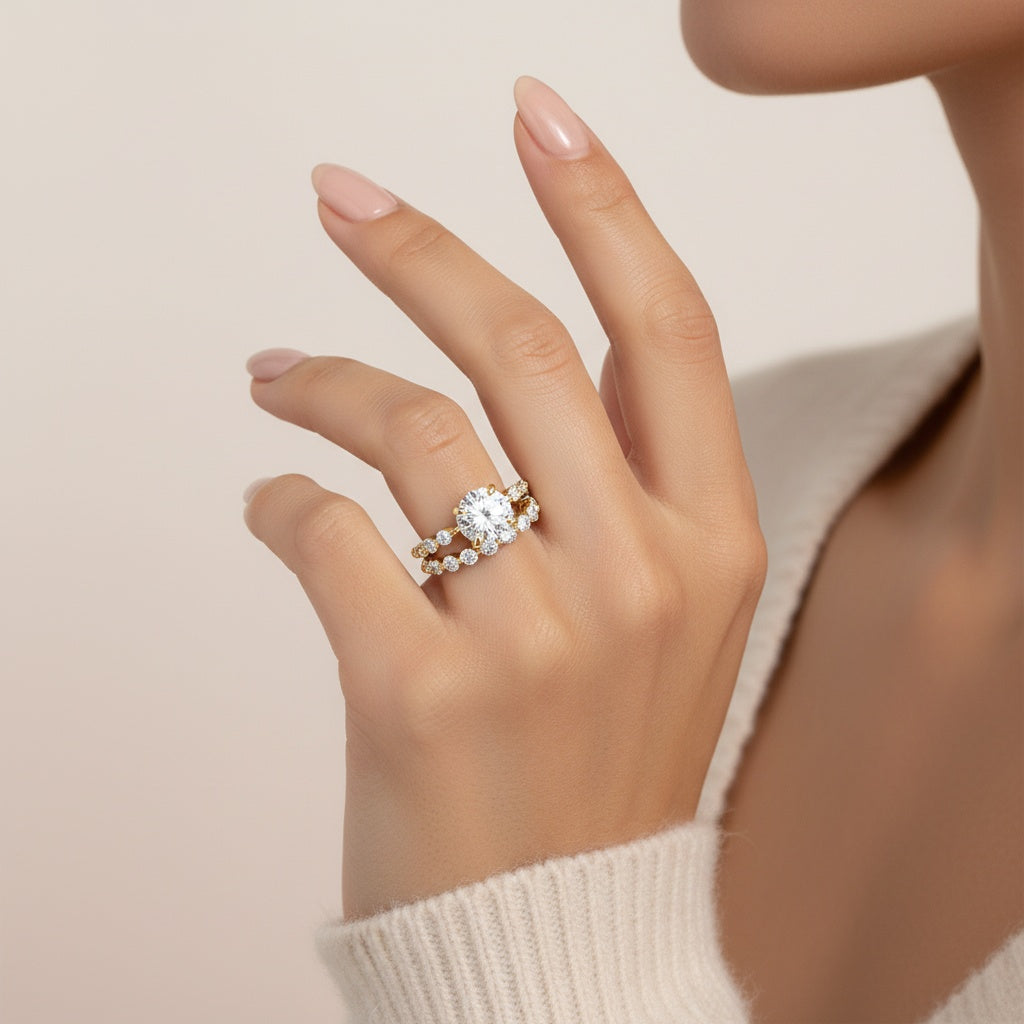 Aurevyn 2.0 Ct Round Cut Yellow Gold Wedding Ring Set with Wide Band