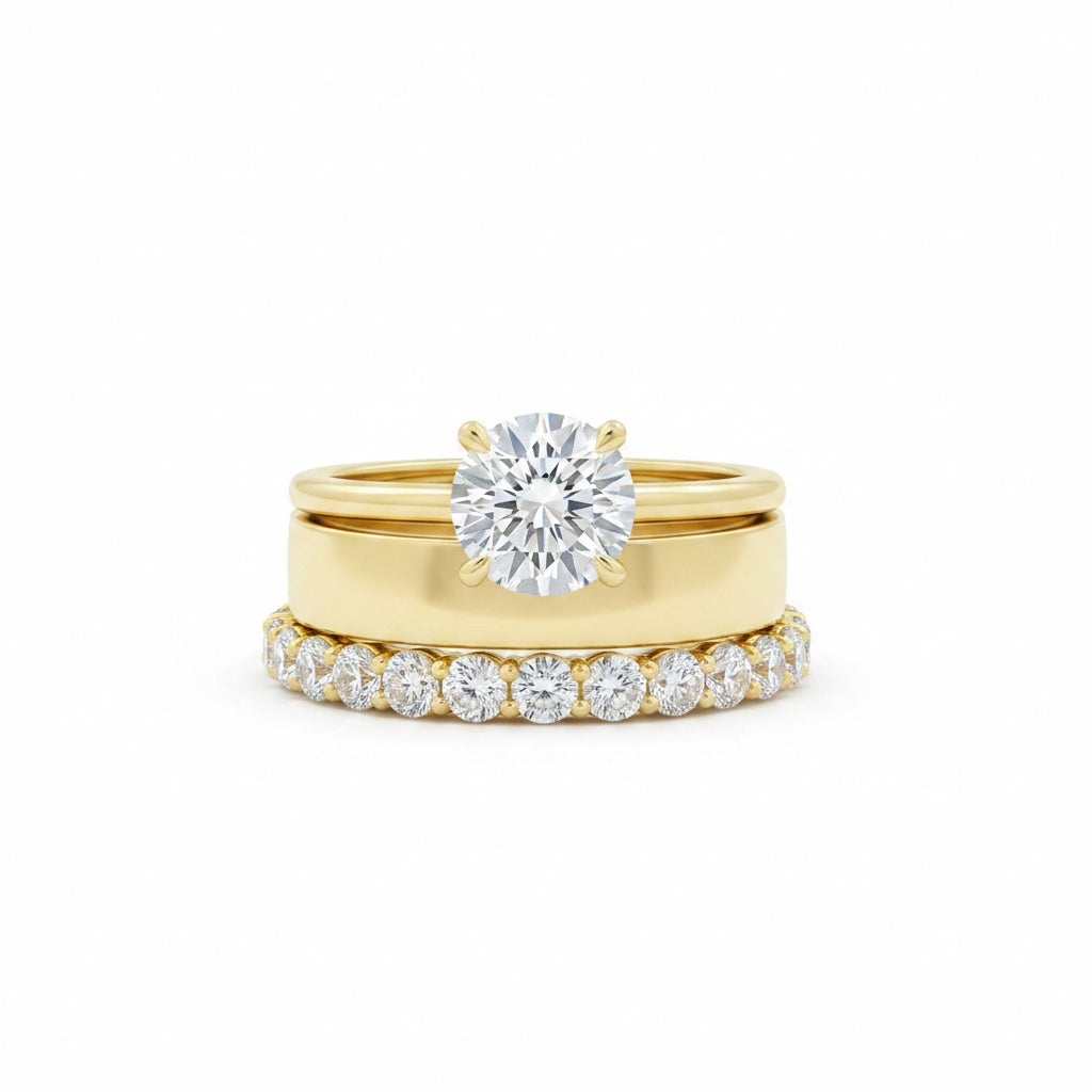 Aurevyn 2.0 Ct Round Cut Yellow Gold Wedding Ring Set with Wide Band