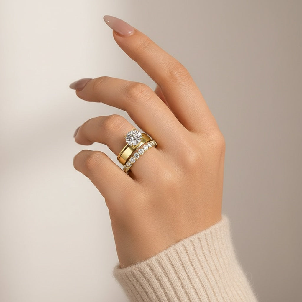 Aurevyn 2.0 Ct Round Cut Yellow Gold Wedding Ring Set with Wide Band