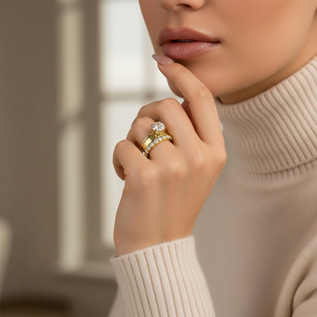 Aurevyn 2.0 Ct Round Cut Yellow Gold Wedding Ring Set with Wide Band