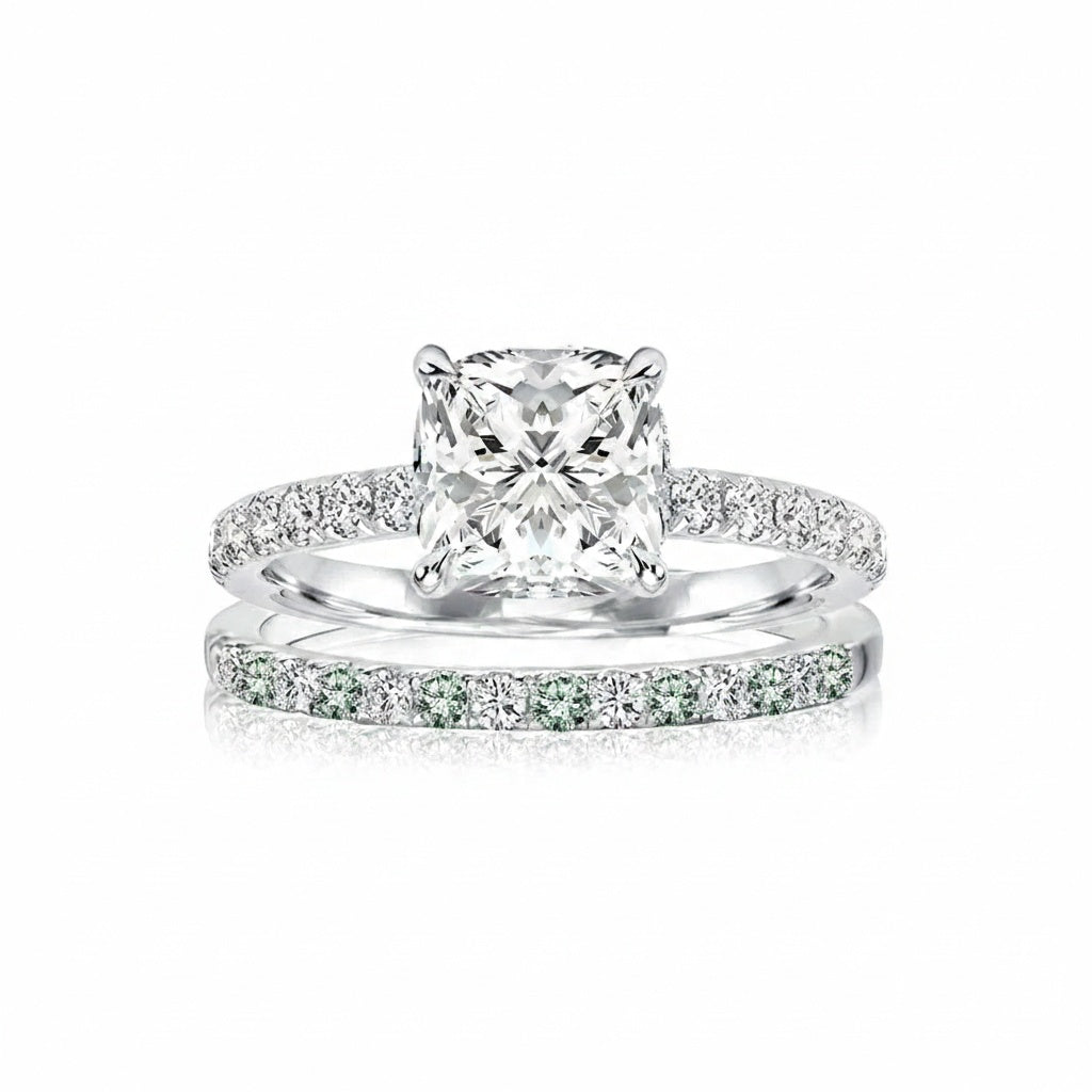 Aurevyn 2.0Ct Cushion Cut Engagement Ring With Green & White Round Cut Wedding Band