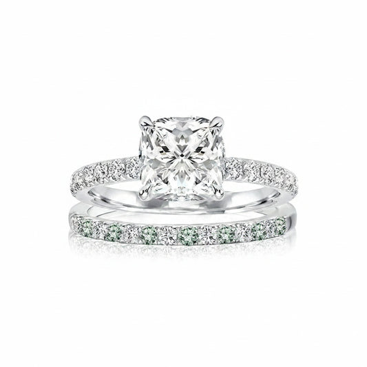 Aurevyn 2.0Ct Cushion Cut Engagement Ring With Green & White Round Cut Wedding Band