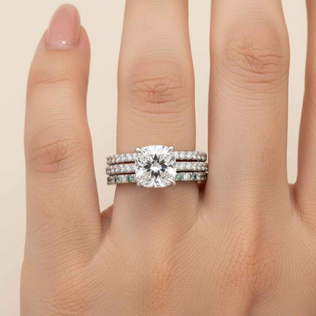 Aurevyn 2.0Ct Cushion Cut Engagement Ring With Green & White Round Cut Wedding Band